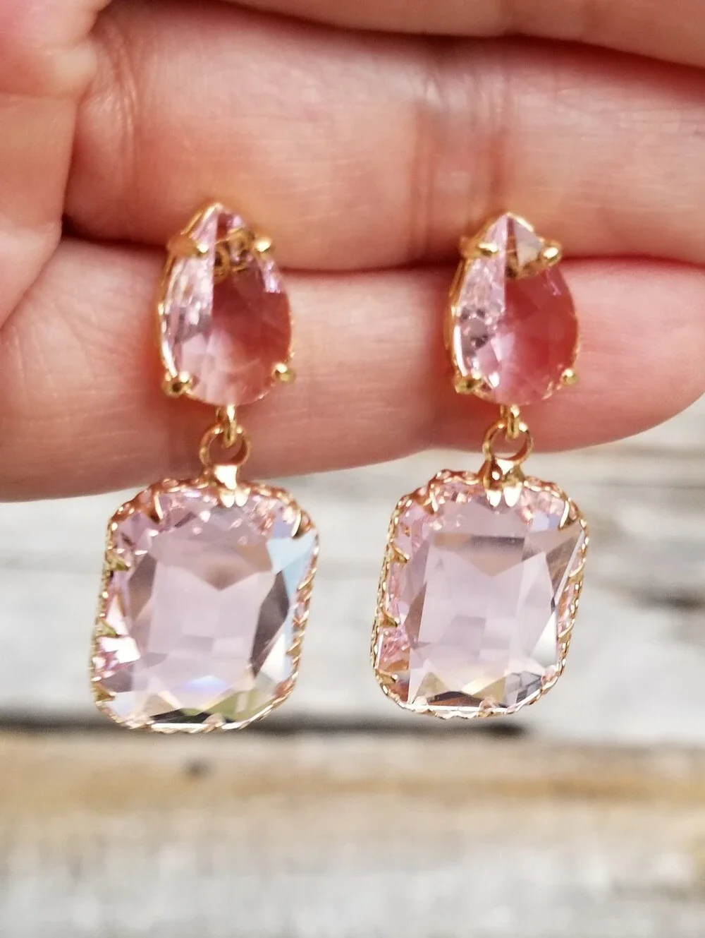 14k Gold Pink Tourmaline Stud Earrings, Rectangular Tourmaline Dangle Earrings